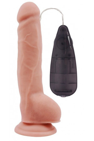 Телесный вибратор с мошонкой на присоске Extra Fun Vibrating Dildo - 23,5 см.