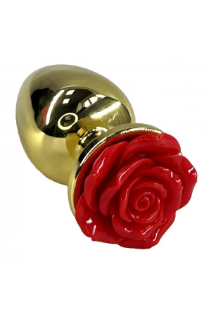 Золотистая анальная пробка с ограничителем в форме красной розы - 10 см.