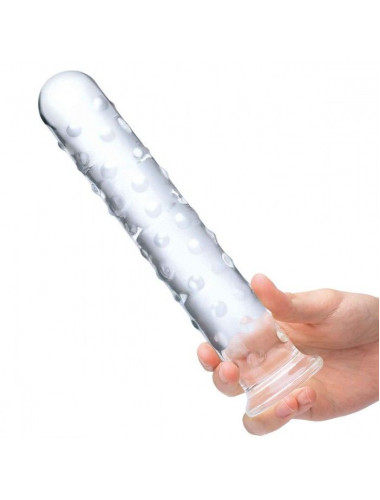 Прозрачный стеклянный фаллос с массажным рельефом 10  Extra Large Glass Dildo - 25,5 см.