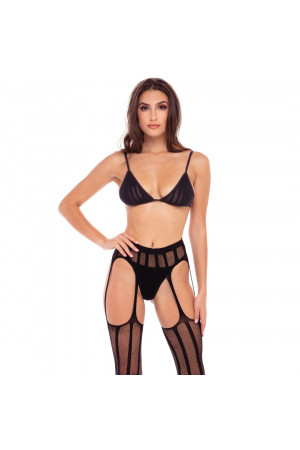 Эротический комплект 3 Piece Sheer Striped Bra Thong   Garter Belt Set