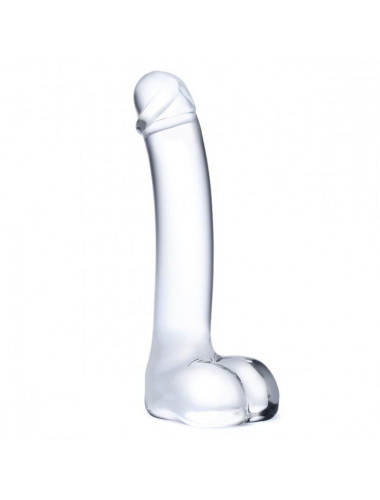 Прозрачный стеклянный фаллос с мошонкой Curved G-Spot - 18 см.