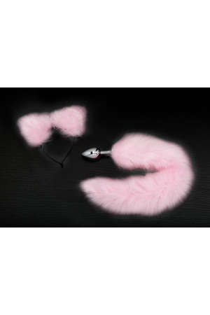 Серебристая анальная пробка с розовым хвостиком и ободком-ушками