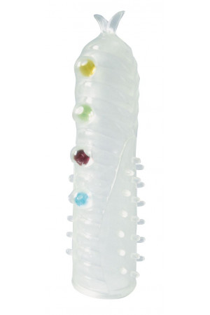 Закрытая белая насадка на пенис Crystal Sleeve с шариками и усиками - 14 см.