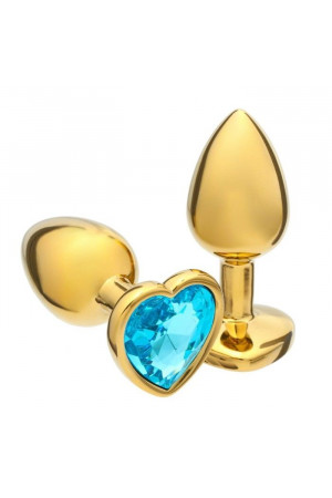 Золотистая анальная пробка с голубым кристаллом в форме сердца - 7 см.