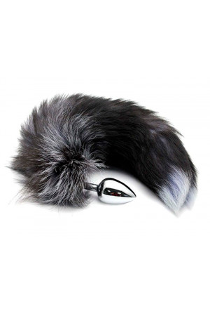 Серебристая анальная пробка с темным лисьим хвостом Black   White Fox Tail Size M