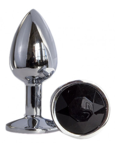 Металлическая анальная втулка с черным кристаллом - 7,2 см.
