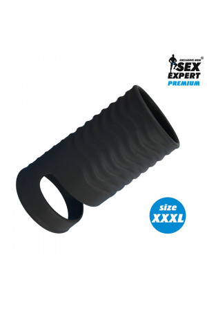 Черная открытая насадка на пенис с кольцом для мошонки XXXL-size - 9,9 см.