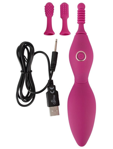 Ярко-розовый клиторальный вибратор с 3 насадками Spot Vibrator with 3 Tips - 17,9 см.